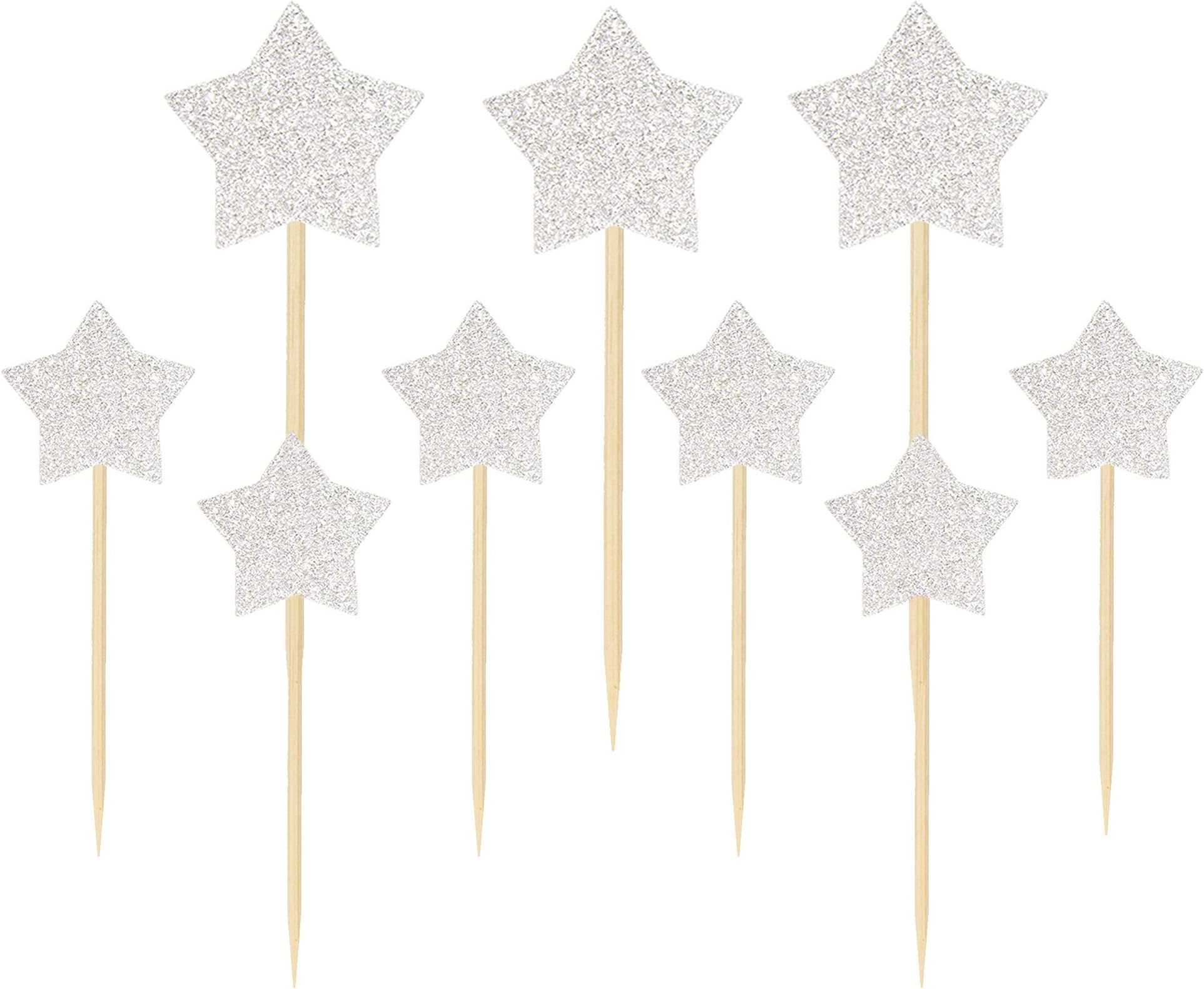 Ercadio 48 Pack Silver Star Cupcake Toppers Glitter Cupcake Picks Decorations for Baby Shower Kids Birthday Wedding Party