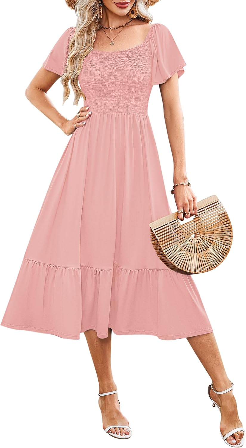 AUSELILY Women's Summer Empire Waist Dress Smocked Flutter Short Sleeve Square Neck Midi Dresses 2025 New