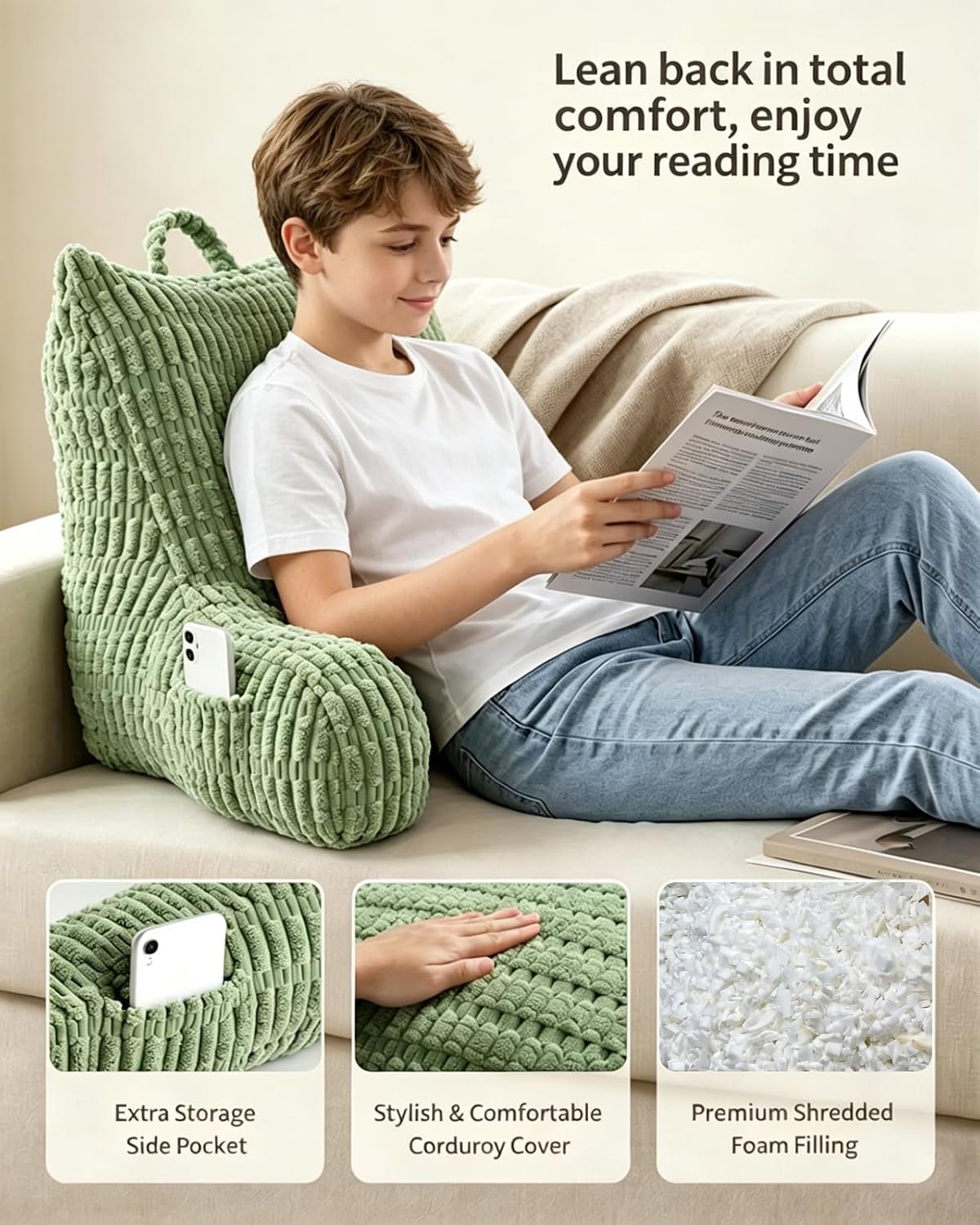 Neustern Reading Pillow for Bed, Backrest with Arms for Sitting Up Adults