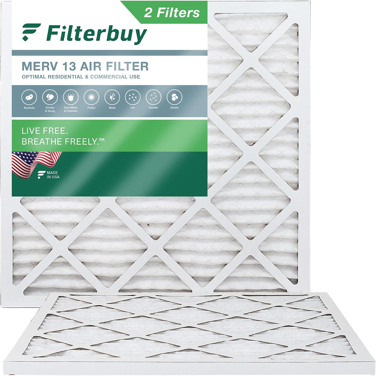 Filterbuy 24x24x1 Air Filter MERV 13 Optimal Defense (2-Pack), Pleated HVAC AC Furnace Air Filters Replacement (Actual Size: 23.38 x 23.38 x 0.75 Inches)