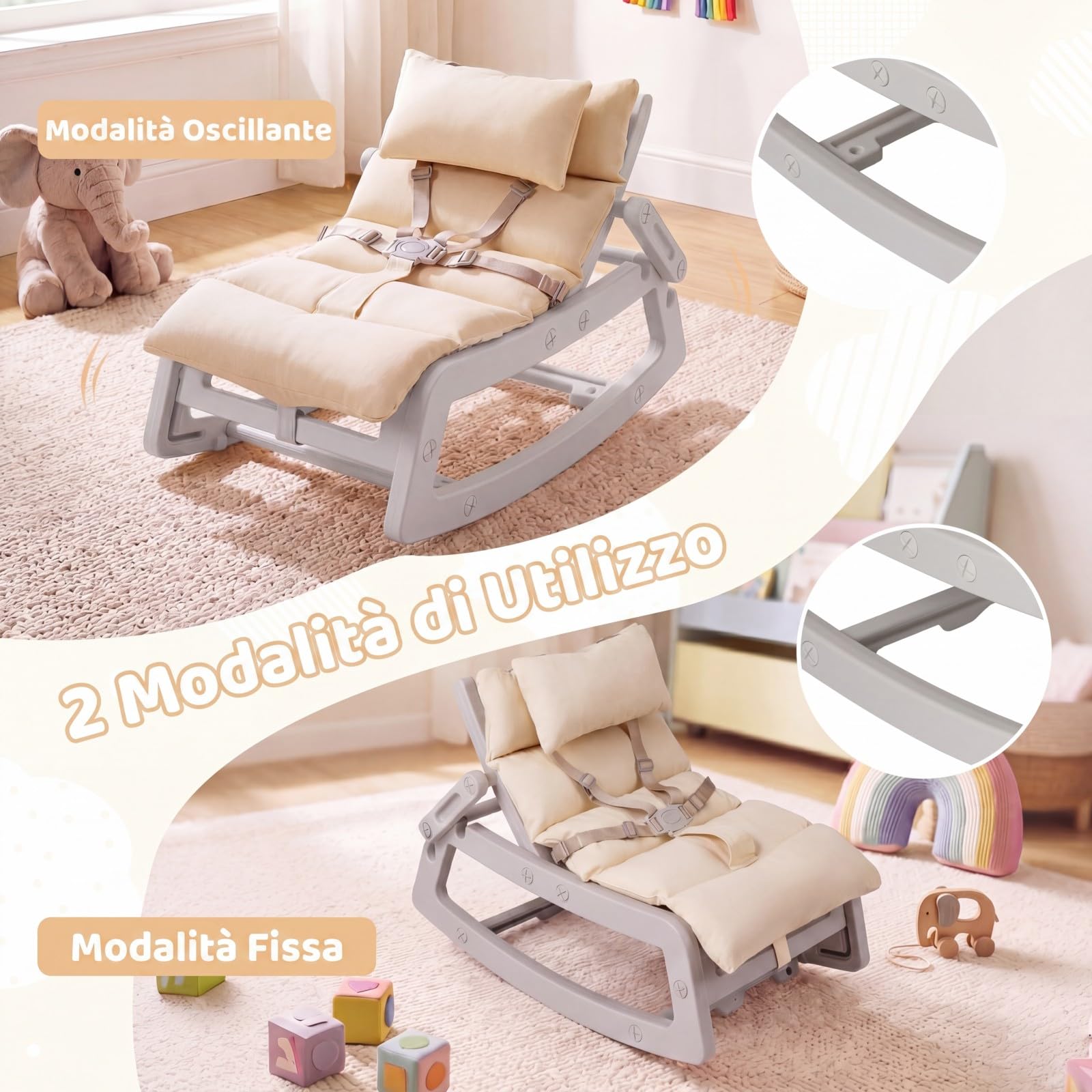 COSTWAY Sedia a Dondolo per Bambini, Sdraietta a Dondolo Imbottita con Schienale Regolabile, Cucino Morbido, Poggiatesta Rimovibile e Cintura 5 Punti, Portata 80 kg, per Bambini 6+ Mesi (Grigio)
