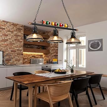 Retro Industrial Pendant Light, Black American Wrought Iron Snooker Bar Restaurant Style Chandelier,Hanging Lamp for Pool Table, Dining Table, Island Table [Energy Class F]