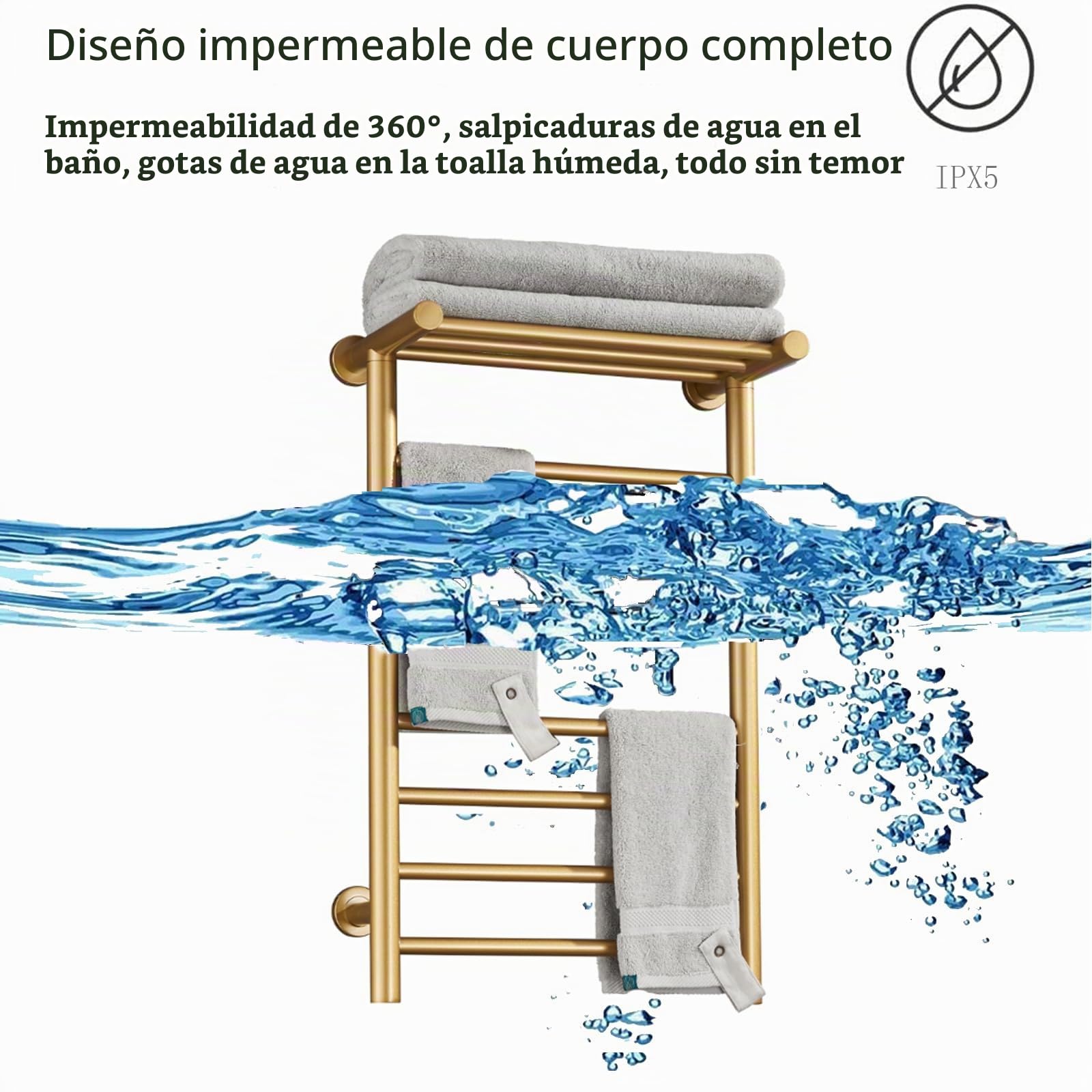 Radiador Toallero Eléctrico, Secado De Toallas De 7 Barras Dorada Con Estante Superior, Calentador De Toallas De Fibra De Carbono De Acero inoxidable Montado En La Pared, 72*45*25 Cm (Plug in)