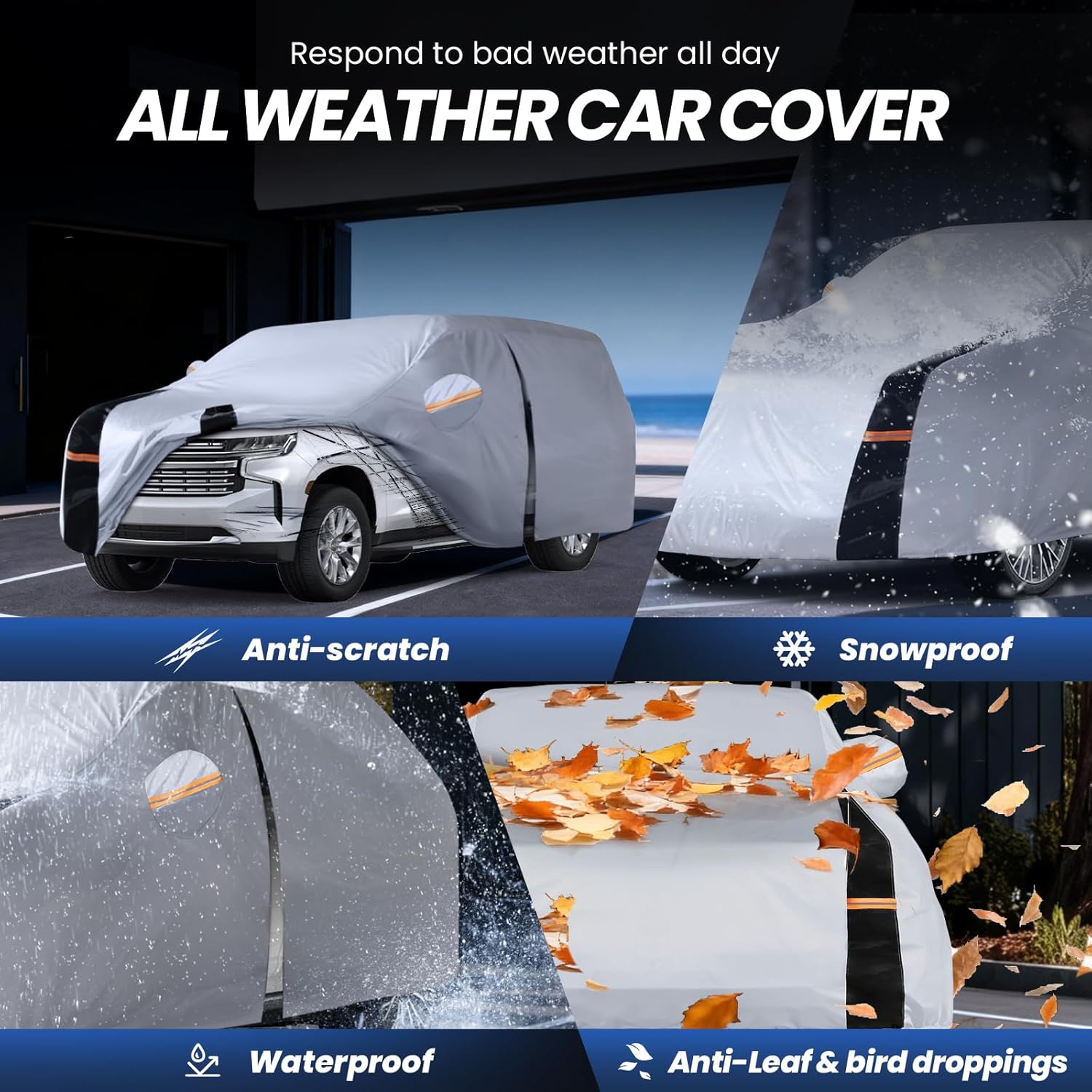 Full-Size SUV Car Cover Waterproof All Weather, 10 Layers Outdoor Car Covers for Automobiles - Sun & Rain Protector Full Exterior Covers. Custom Fit Suburban, GMC Yukon XL, Cadillac Escalade, etc