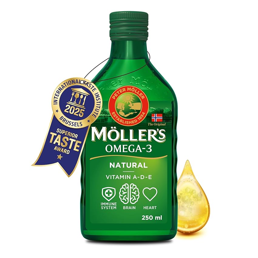 Moller’s ® | Olio di fegato di merluzzo Omega 3 | Integratori alimentari di omega-3 con EPA, DHA, vitamine A, D ed E | Superior Taste Award | Marchio esistente da 166 anni | Neutro | 250 ml