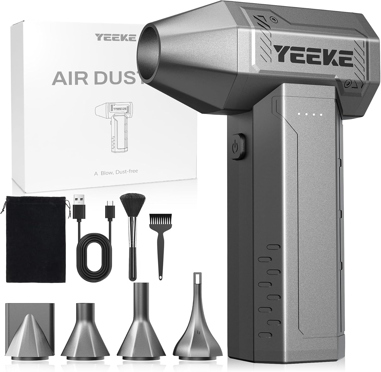 Yeeke Compressed Air Duster, 300000 RPM & 400 G Wind Pressure, 10000 mAh Battery with Fast Charging, 4-Gear Electric Air Duster Rechargeable, Electric Duster Mini Blower with LED for Office Cleaning