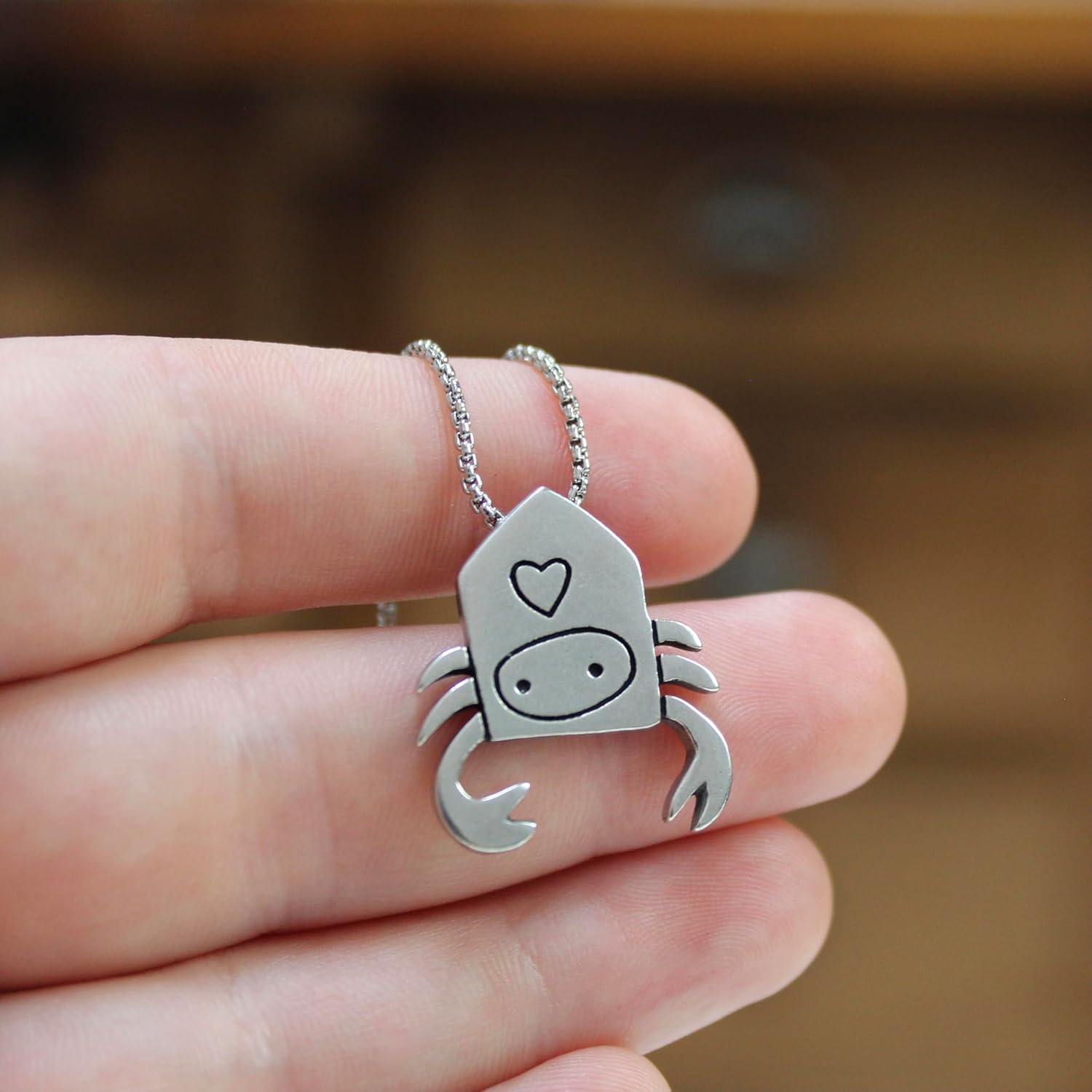 Mark Poulin Women's Pewter Hermit Crab Necklace - Cute Crustacean Pendant on Adjustable Stainless Steel Box Chain