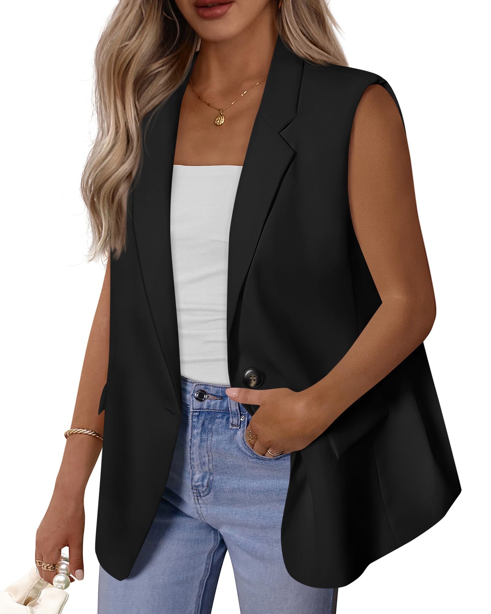 BTFBM Blazers For Women Open Front Button Loose Vest Tops For Women Work Business Casual Outfits Summer Fashion