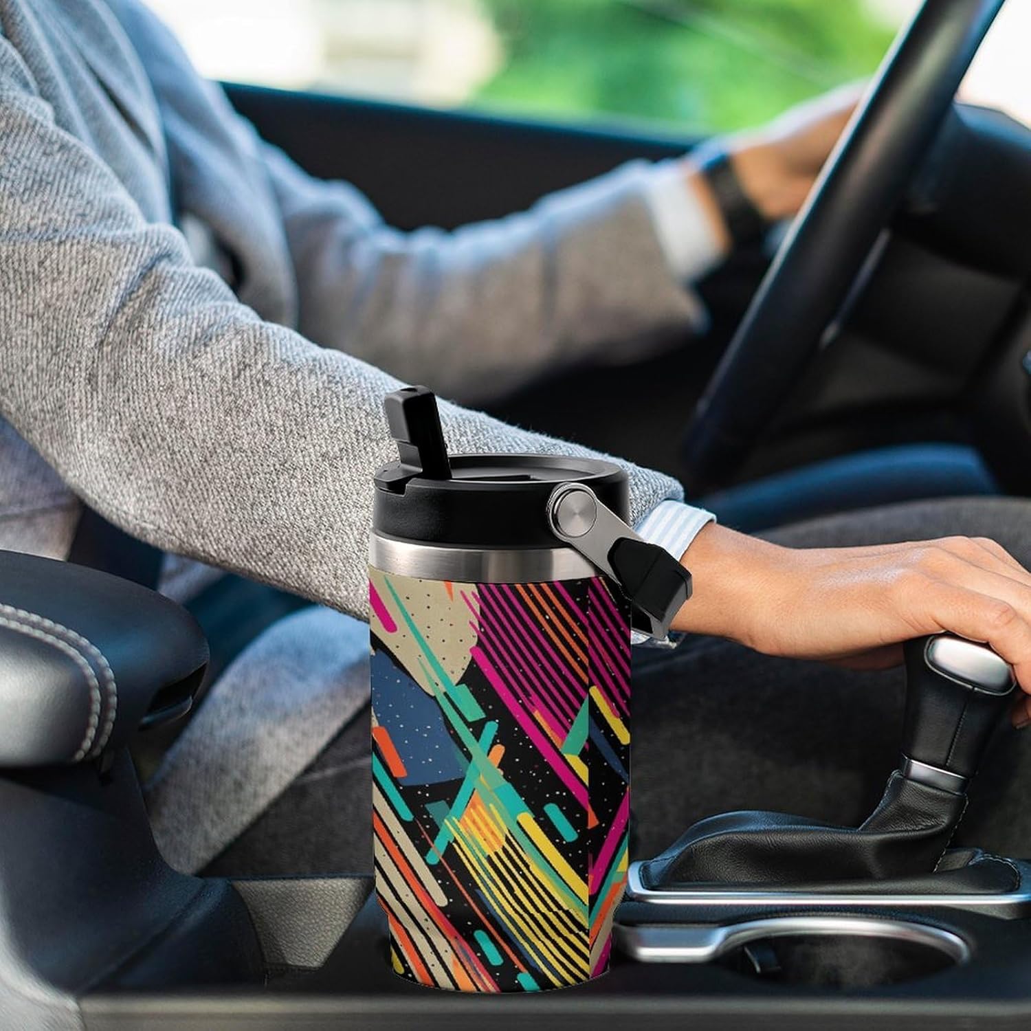 Striped Abstract Colorful Water Bottle 30 Oz Fits Car Cup Holder,Insulated Coffee Mug Large Capacity Car Cups,Stainless Steel Double Wall Sport Bottle for Travel Sports Gym