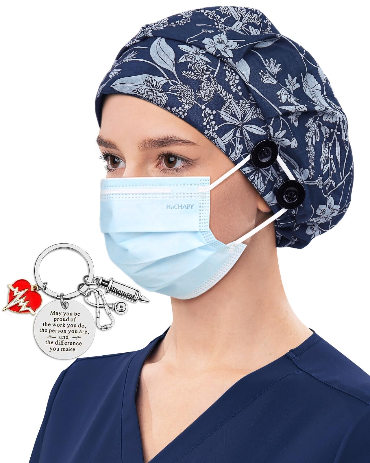 Satin Lined Bouffant Scrub Nurse Cap with 4 Buttons and Sweatband Adjustable