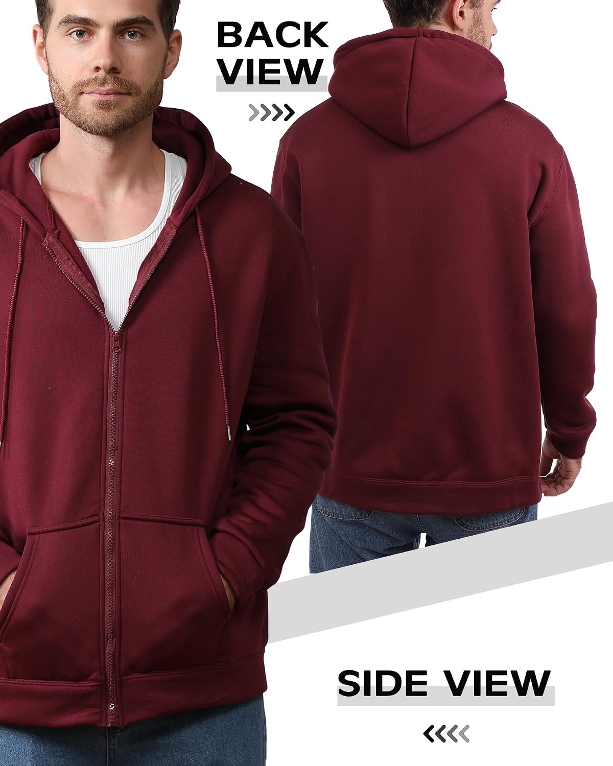 Taiyin 3 Pack Men's Lightweight Fleece Full Zip up Hoodie Long Sleeve Sweatshirt with Pockets for Men