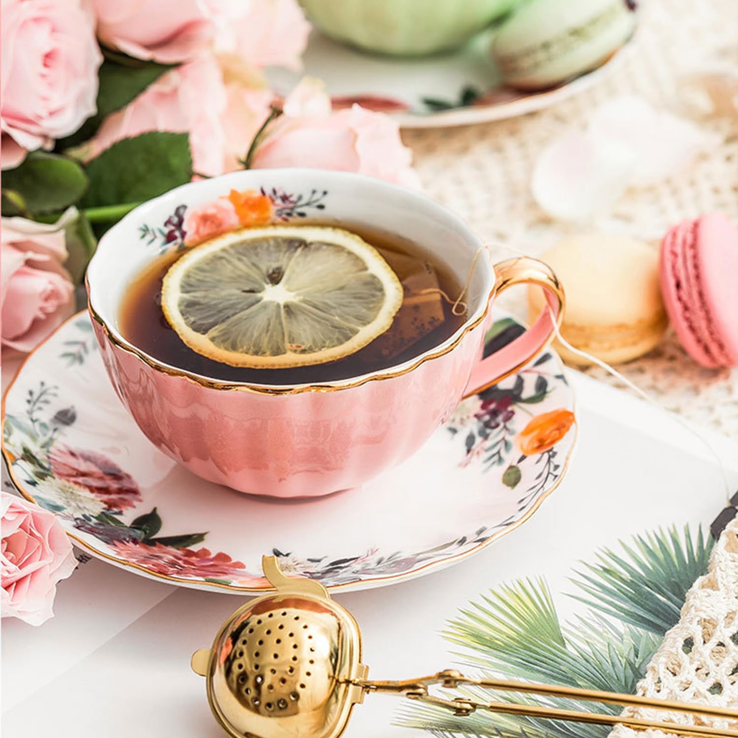 OneUstar Filiżanki do herbaty i spodki ceramiczne kubki do herbaty angielskiej 237 ml porcelanowa filiżanka do kawy zestaw 2 sztuk na Dzień Matki Święto Dziękczynienia prezent w pudełku prezentowym