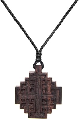 81stgeneration Hand-Carved Wooden Five-Fold Jerusalem Cross Pendant Necklace for Men and Women Natural Wood Geometric Tribal Jewelry - Religious Christian Symbol - Medieval Symbol Cord Necklace