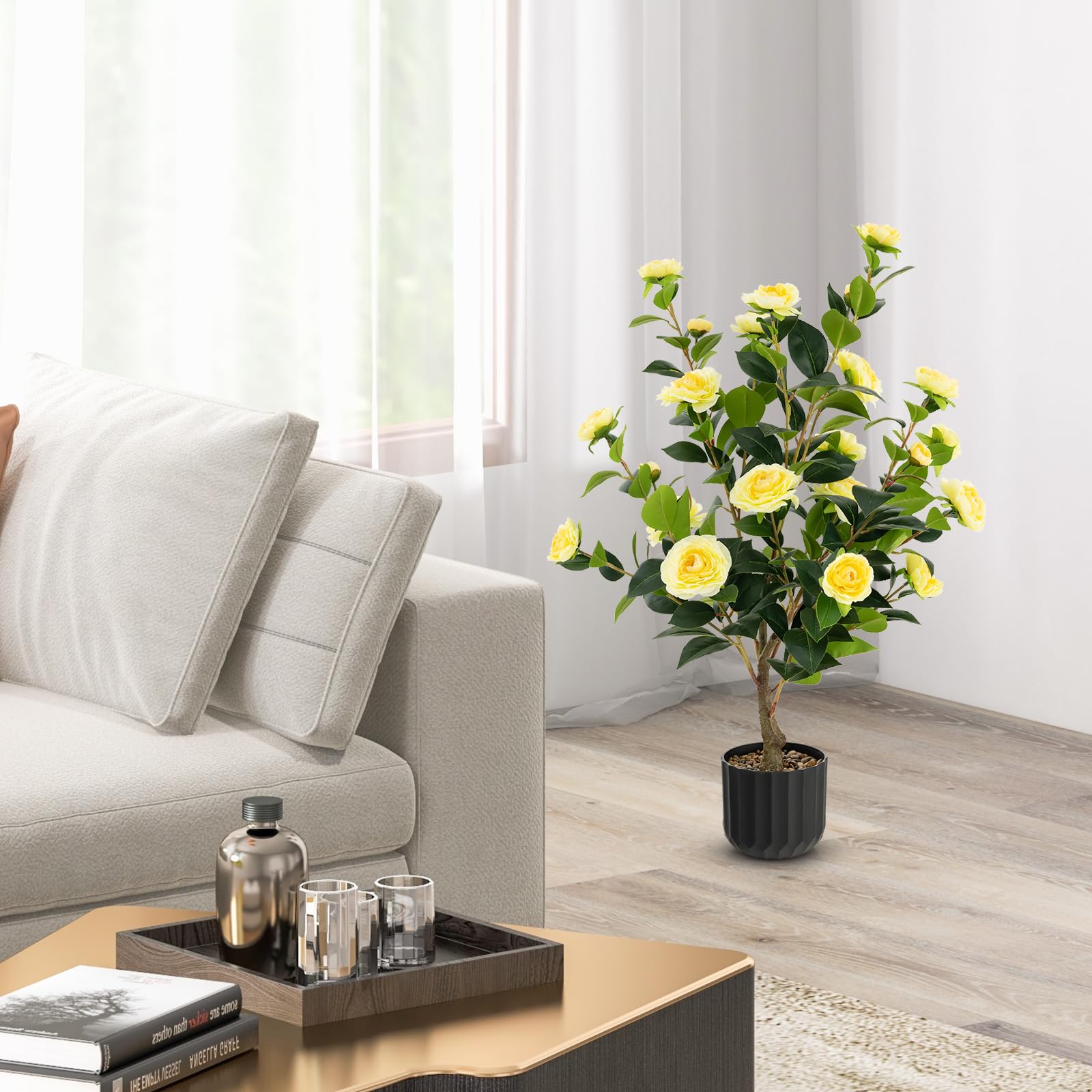 Künstlicher Kamelienbaum – Mit 32 Gelben Blüten & Betonbeschwertem Topf