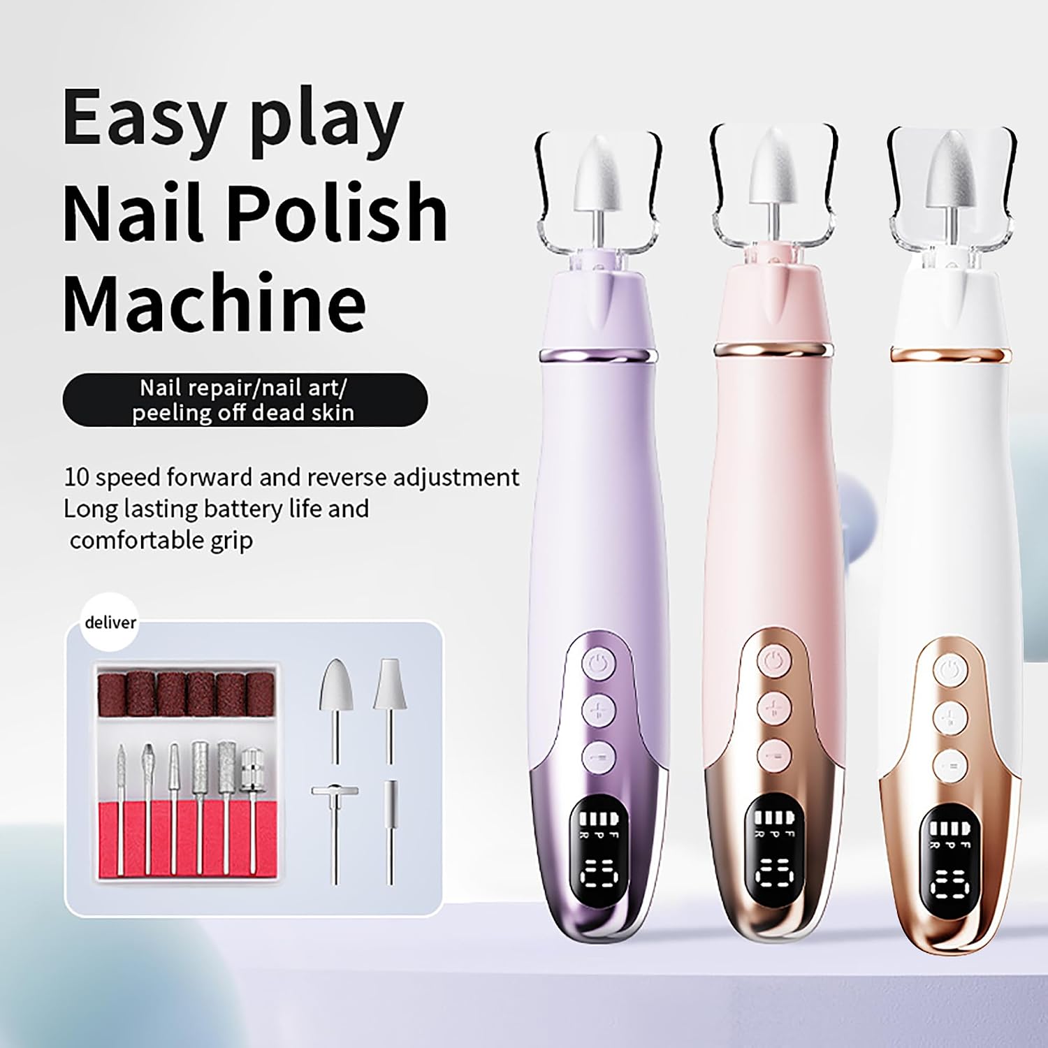 Nail Drill for Thick Toenails, 10 in 1 Electric Nail File & Cordless Manicure Kit, 10-Speed Rechargeable with LED Display, Portable Pedicure Set (Pink)