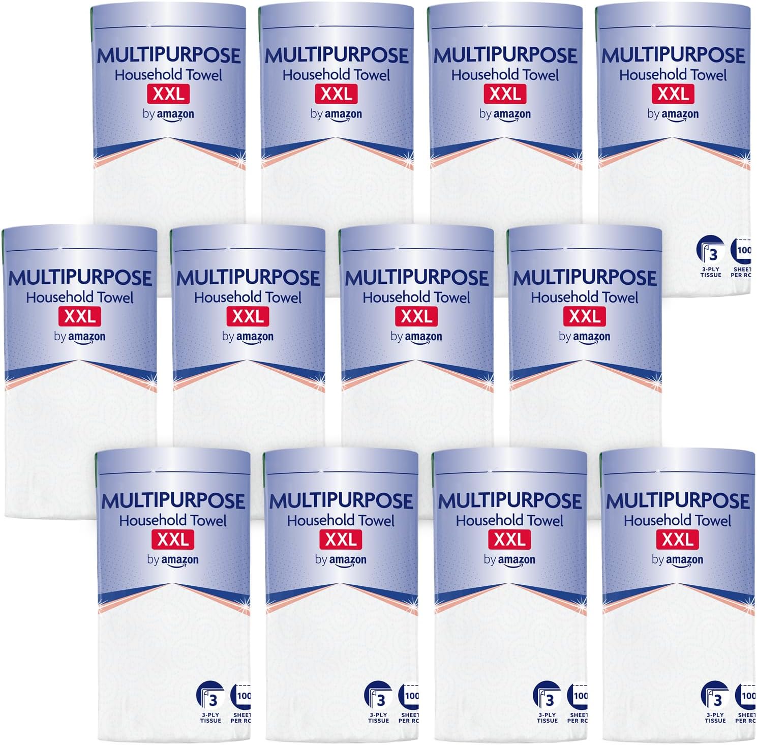 by Amazon Multipurpose Kitchen Roll, 3-Ply, XXL Household Towel, 12 Rolls (Pack of 1), 100 Sheets per Roll, FSC Certified