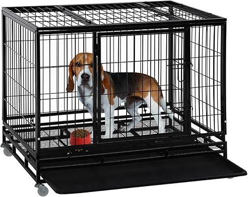 Jaulas resistentes para perros grandes, jaula indestructible de 48 pulgadas para perros de alambre de metal, jaula de doble puerta con ruedas