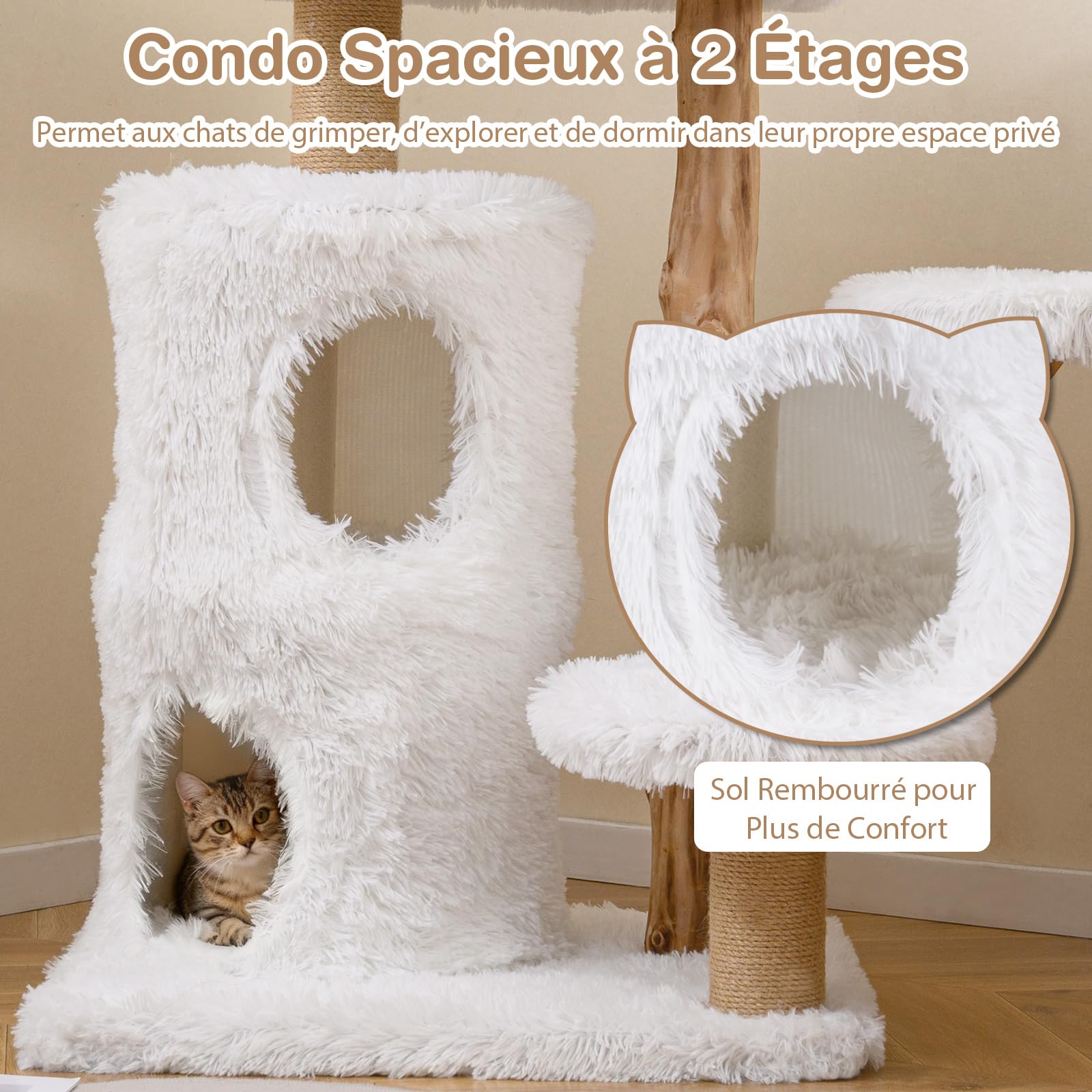 COSTWAY Arbre a Chat Bois de Poirier 93 cm, Condo à 2 Niveaux, 3 Poteaux à Griffer en Jute, 4 Plateformes, Arbre à Chat Maine Coon, Base Épaisse à 2 Couches, Cushion Amovible (93 cm,Blanc+Naturel)