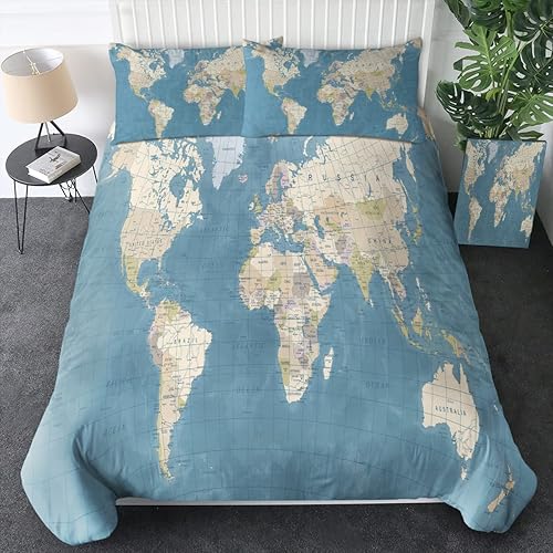 Sleepwish Juego de ropa de cama con mapa del mundo para niños y niñas, juego de funda de edredón de 3 piezas con mapa azul acuarela, juego de cama