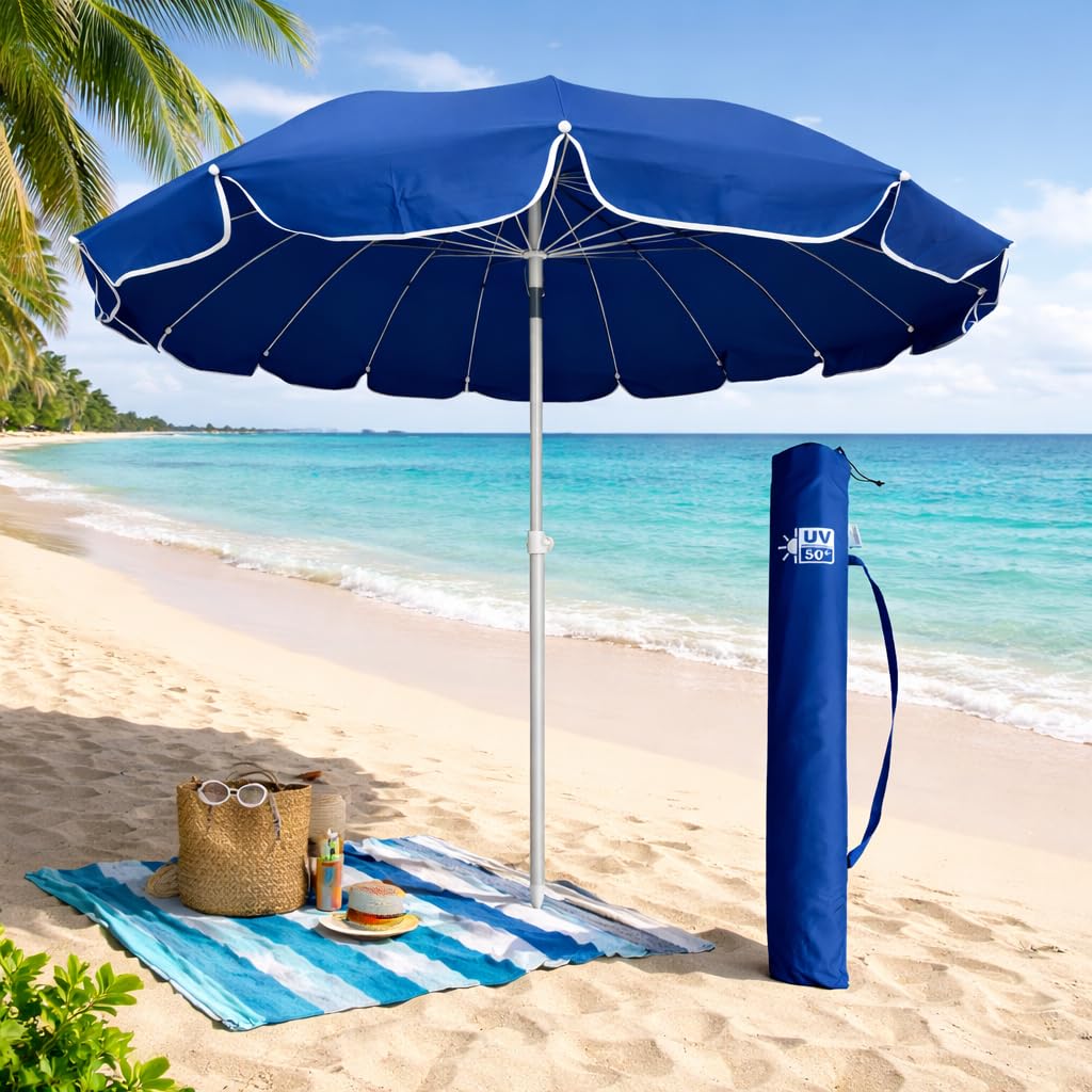 DANYX Ombrellone Mare 220 cm Antivento UV50+ 16 Stecche Fibra di Vetro Palo Alluminio Inclinabile Airvent