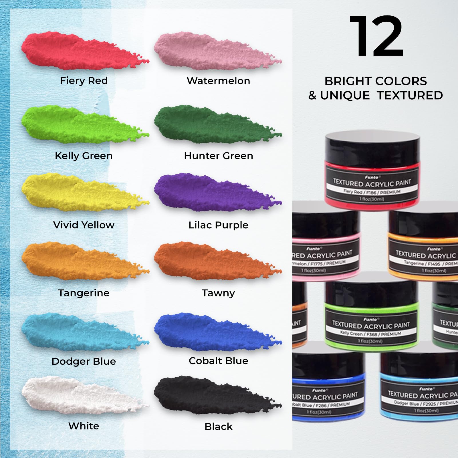 Funto kit de pintura acrílica texturizada,12 colores vibrantes con herramientas y lienzos. Perfecto para manualidades y arte, apto para todos los niveles. Suministros seguros y no tóxicos.