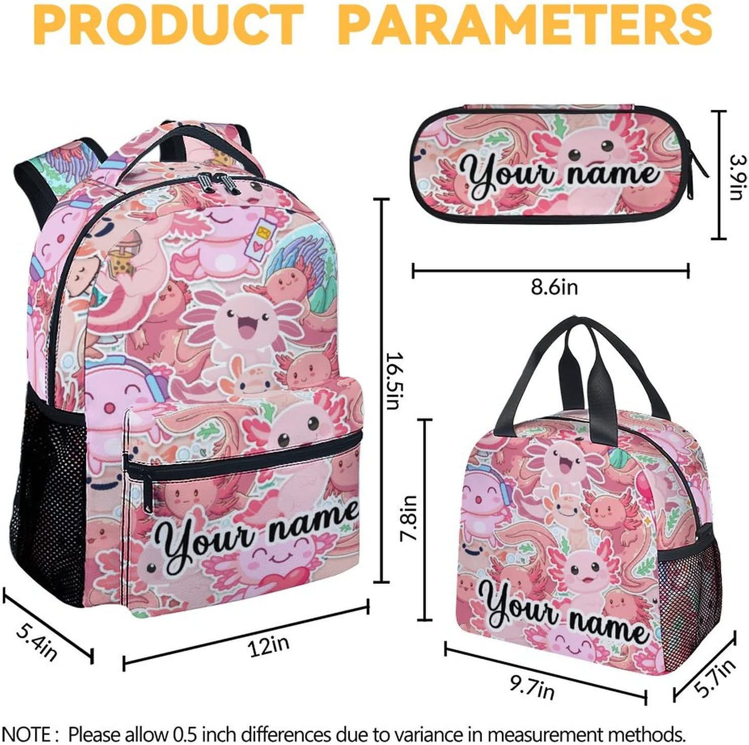 Personalized Axolotl Backpack with Lunch Box And Pencil Case, 16 Inch Axolotl Theme Bookbag with Adjustable Straps, Durable, Lightweight, Large Capacity, School Backpack for Girls Women