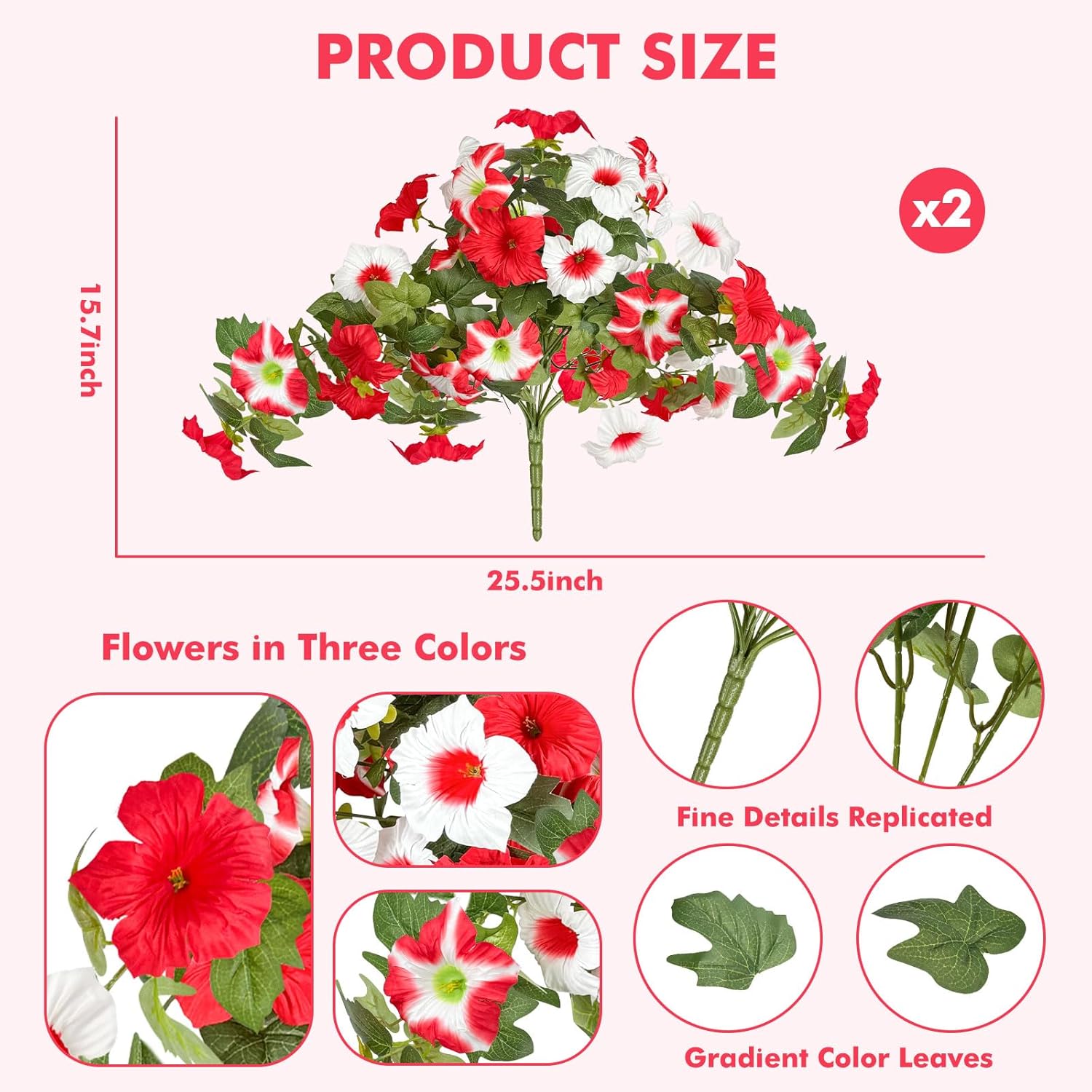 ICX 2PCS Faux Petunias Silk Flower UV Resistant, Artificial Outdoor Flowers, Realistic Artificial Flowers for Outdoors, Pot, Front Door, Porch, Yard, Patio, Window Box, Hanging Basket (Red