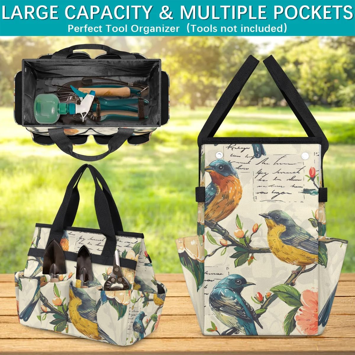Garden Tool Bag Organizer Garden Tote Bag with Pockets Retro Bird Flower Tool Storage Organizer Gardening Tool Kit Holder 13" x 6.8" x 2.8"