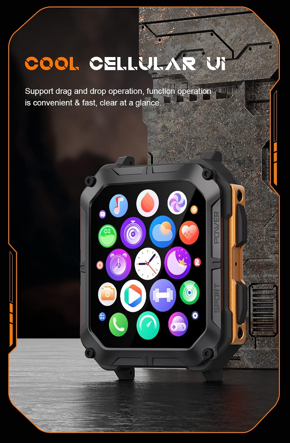 Smartwatch display showing a grid of application icons