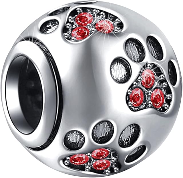 GLOWDAS Jan-Dec Birthstone Paw Print Charms fit European Bracelet Necklace, 925 Sterling Silver Pet Cat Dog Pawprint Heart Footprint Beads with Crystal Like Soccer Ball, Birthday Gifts for Women/Men