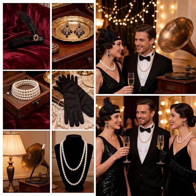 Foto 6 de 7 de Accesorios años 20 para mujer - Conjunto de 6 piezas estilo Gatsby & Charleston