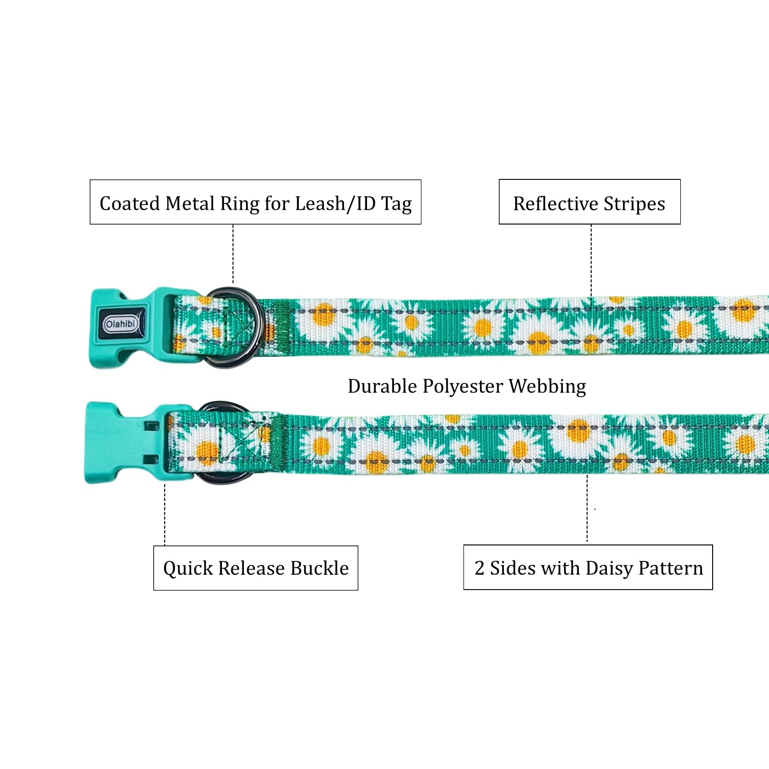 Olahibi Dog Collar and Leash Combo Set, Cute Daisy Pattern, Polyester Material, with Reflective Stripes, 150CM Leash - Image 3