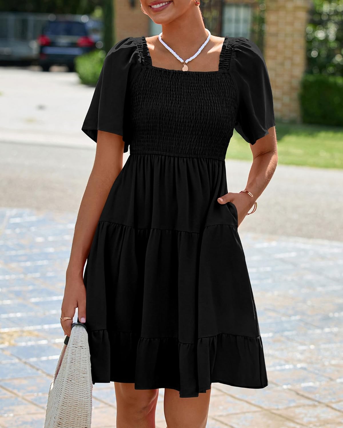 BTFBM Womens Summer Smocked Mini Dress Spring Square Neck Flutter Sleeve Casual Ruffle Swing Boho Beach Dresses Pockets - Image 4