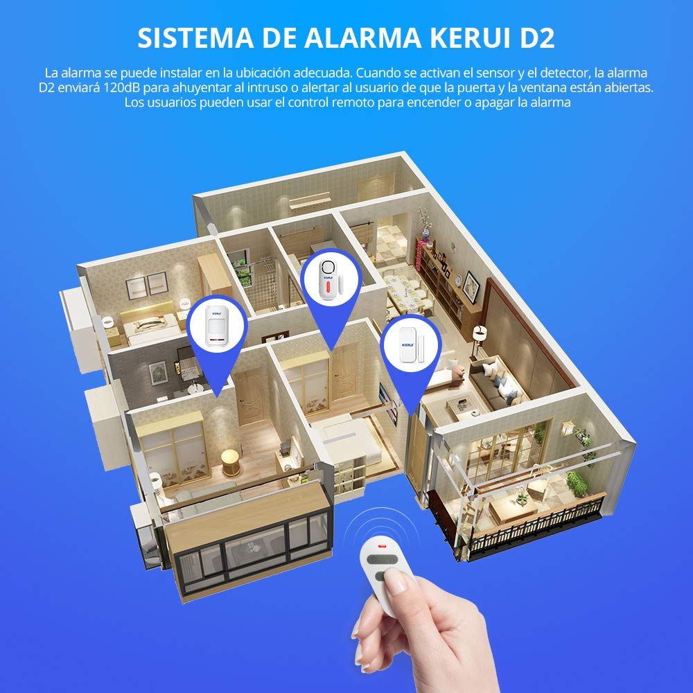KERUI D2 Sensor de Alarma para Puertas y Ventanas con Sistema de Alarma inalámbrico para el hogar, 4 Zonas para el casa, Garaje, Oficina - 1 Alarma de Puerta - 1 Control Remoto - 4 sensores de Puerta
