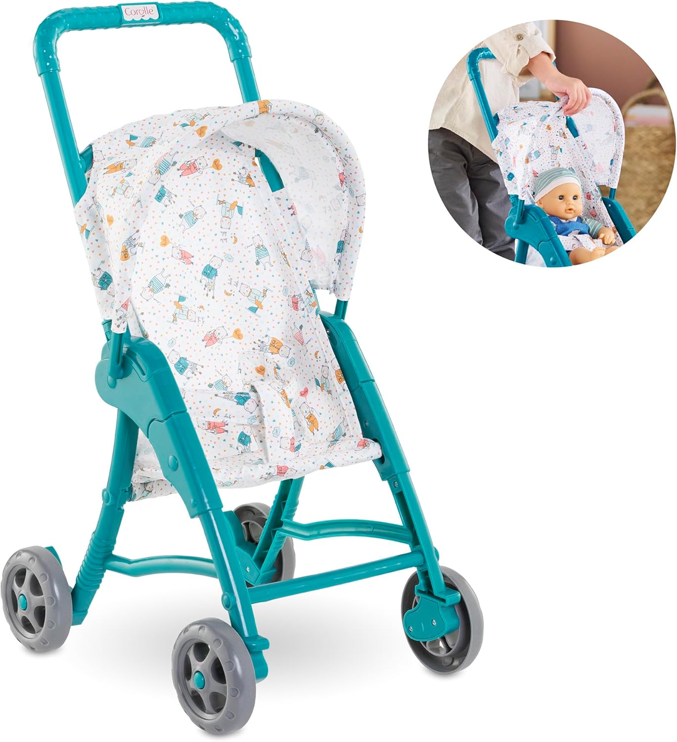 Corolle Baby Doll Stroller with Folding Canopy - Teal - Mon Premier Poupon Accessories Fit 12" Dolls - for Kids Ages 18 Months and up