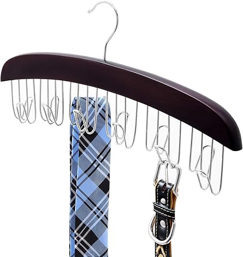 Miniatura 7 de Ohuhu - Organizador de cinturón, soporte de cinturón de madera de nogal duradero para armario, gancho giratorio de 360 grados para cinturones,