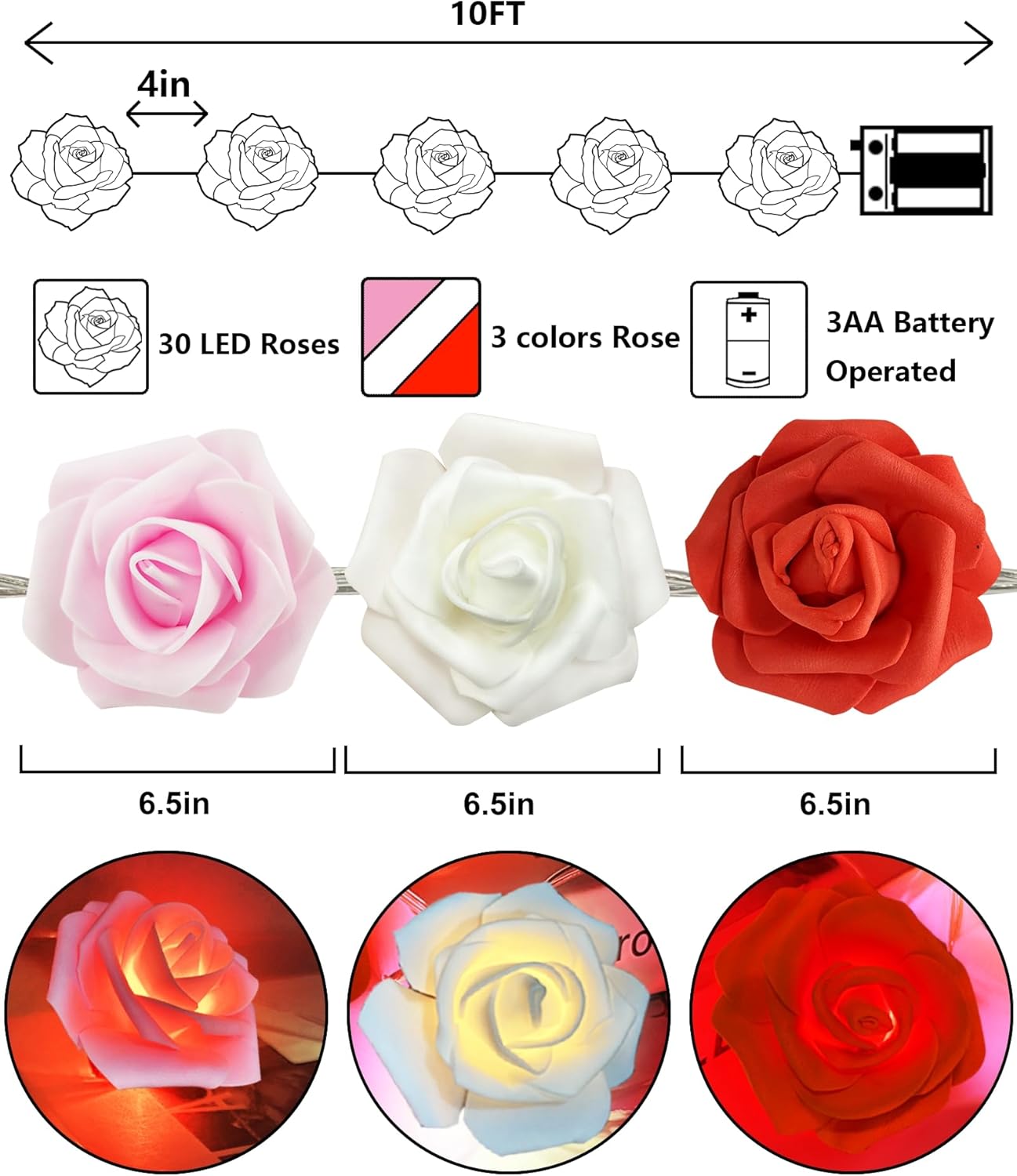 TURNMEON 10FT 30LED Rose Light Valentines Day Decorations Flower String Light Red Pink White Valentines Lights Battery Operated Valentine Garland with Lights Indoor Outdoor Home Party Wedding Decor