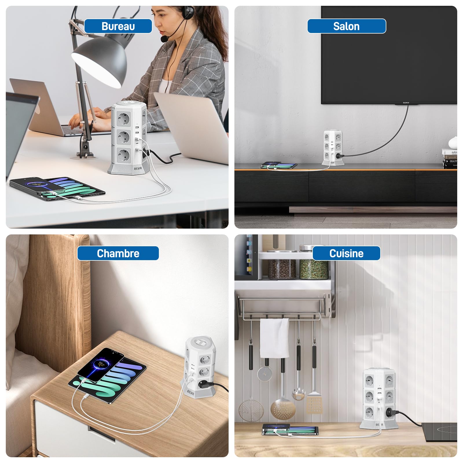 BEVA 12 Prises Tour Multiprise Parafoudre avec Câble 2M,Blanche | 2500W/10A Multiprise Electrique avec 2 Interrupteur et 2 USB-C (15W)+3 USB-A,Multiprise Parafoudre et Surtension