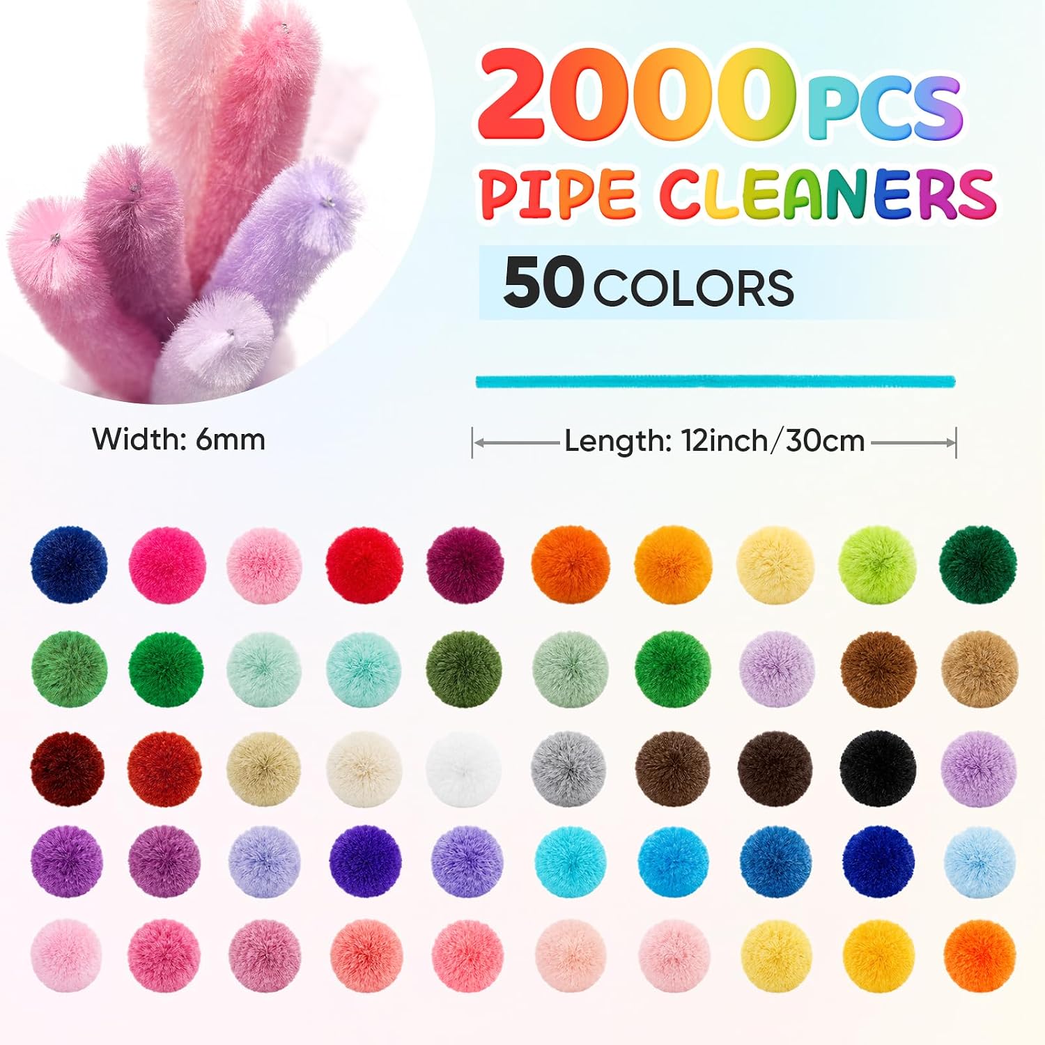 2000 PCS Pipe Cleaners Bulk, 50 Colors Pipe Cleaners Crafts