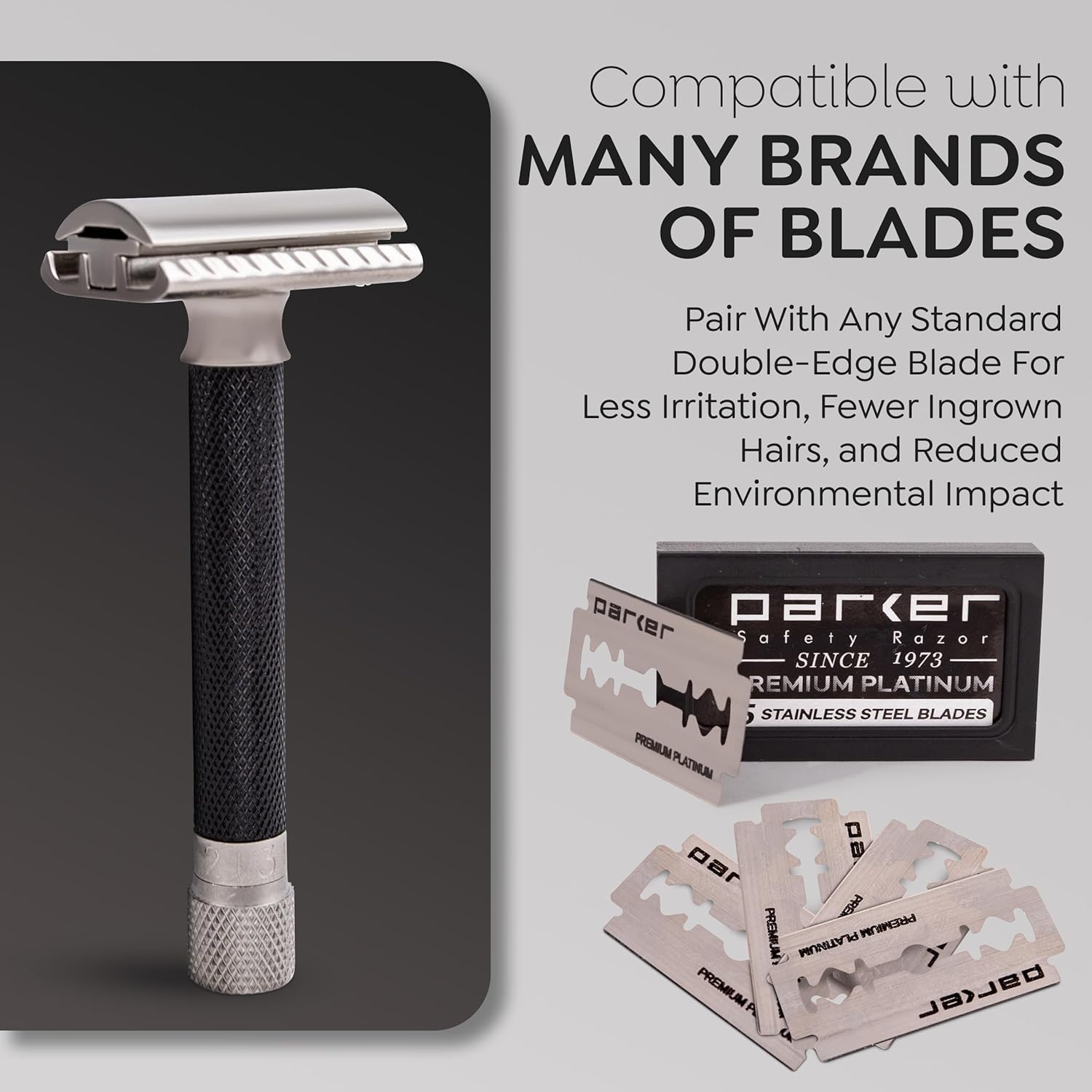 Parker Safety Razor Parker Variante regolabile doppio bordo rasoio di sicurezza e 5 Premium Blades - (Metallizzato) Grafite