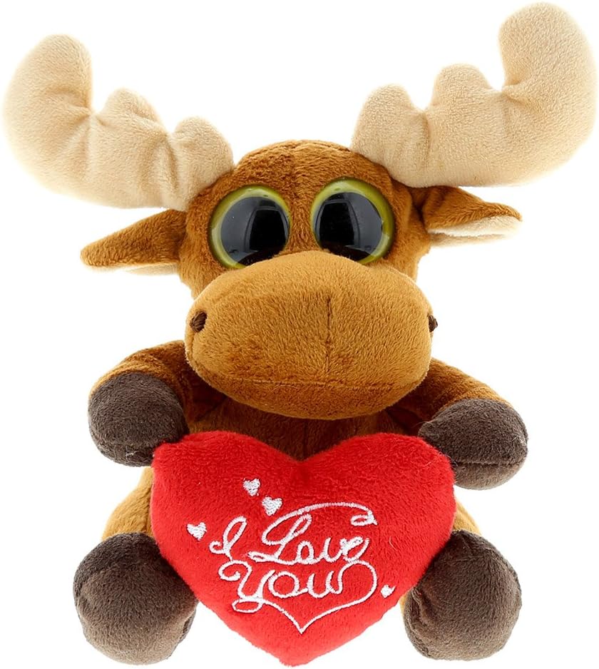 DolliBu I Love You Valentine Plush Big Eye Sitting Moose - Cute Stuffed Animal with Red Heart and Name Personalization Gift for Valentines Day, Birthday, Anniversary - 6 Inches