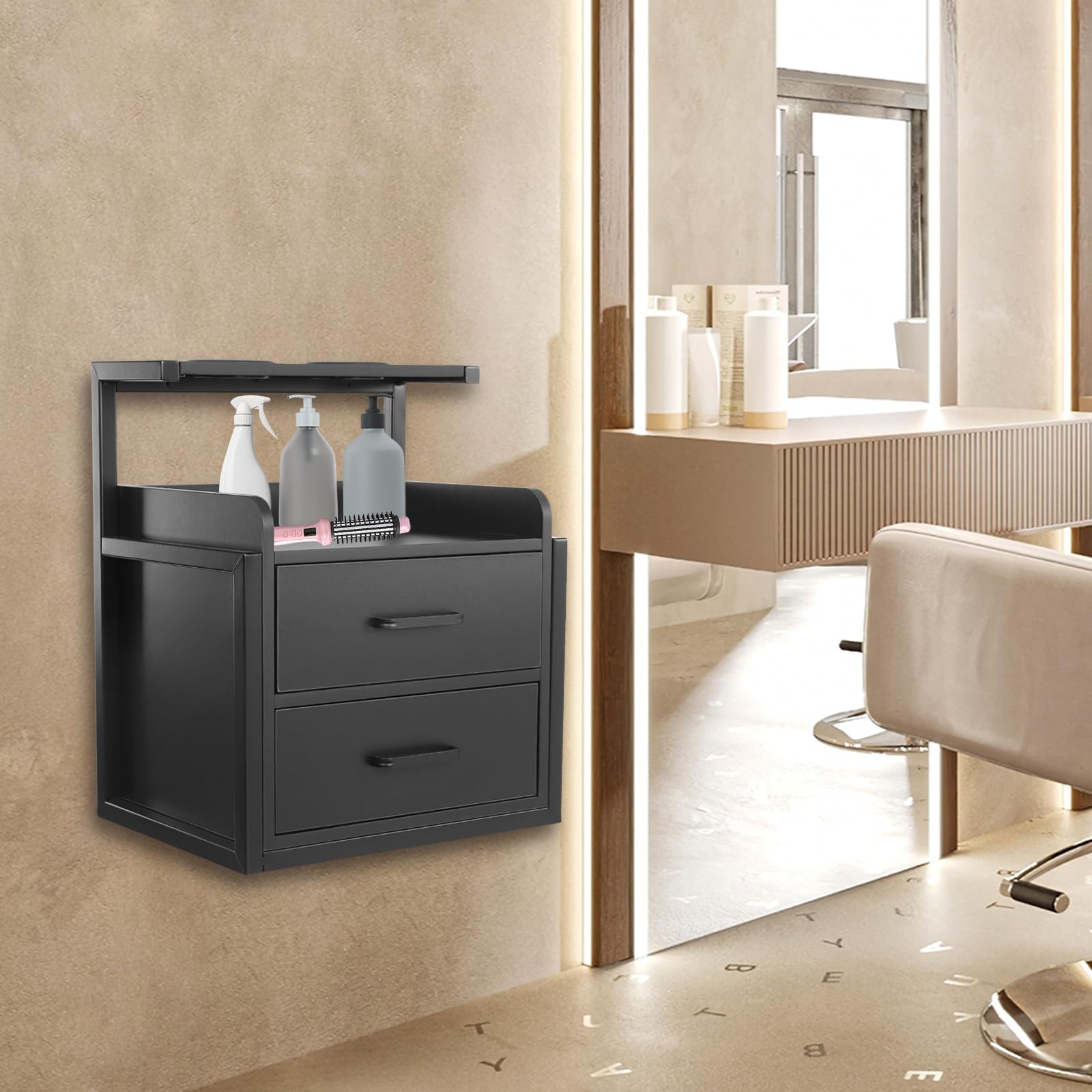 Suspended Salon Wall Cabinet - Wall Mounted Salon Storage Cabinet with 2 Drawers and Hair Dryer Holder, Space-Saving Design for Spas, Barber Shops, Salons and Locker Rooms (Black)