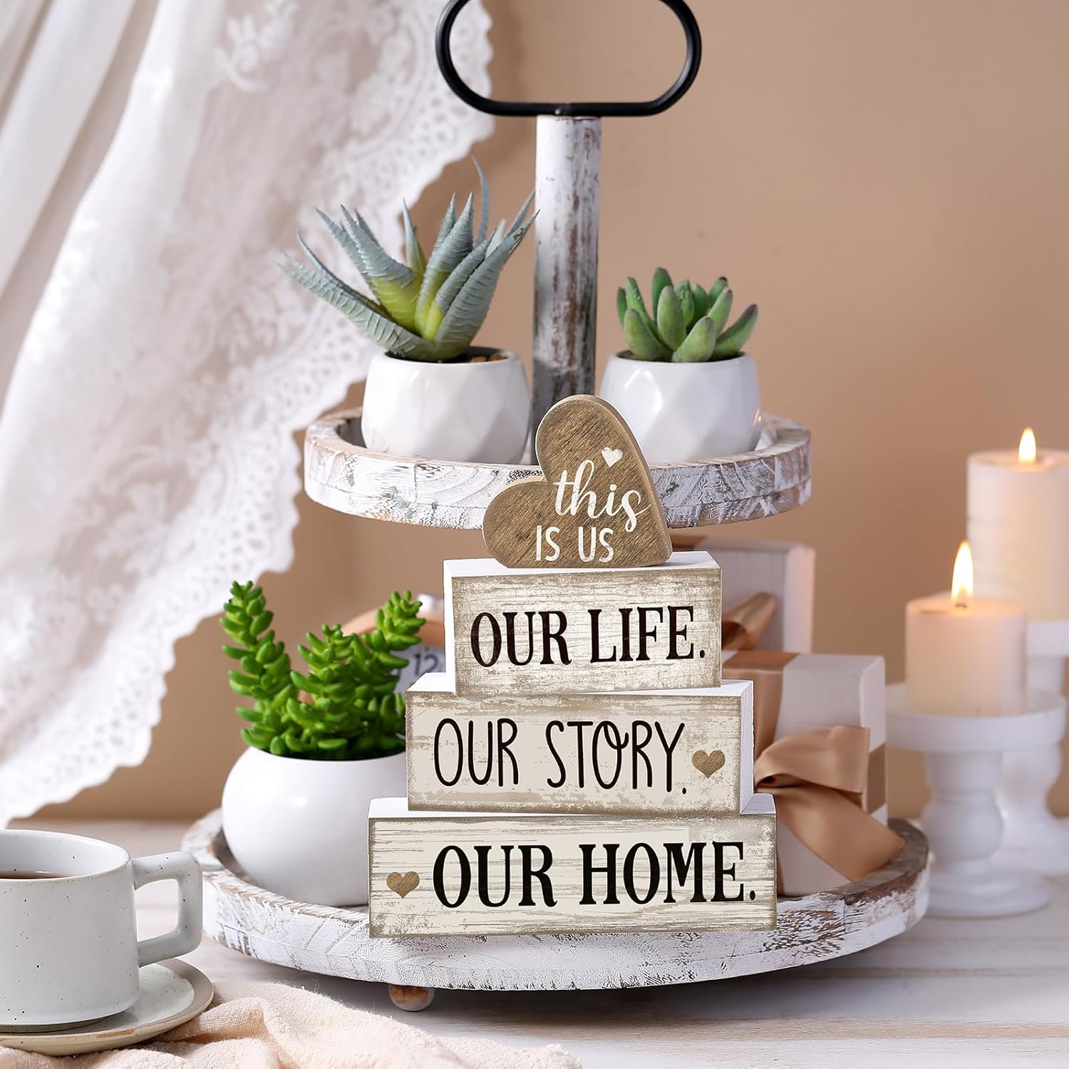 Conelist 4 Pcs Farmhouse Wooden Heart Tabletop Decor Farmhouse Tiered Tray Decor This is Us Centerpiece Decorative Rustic Our Home Block Sign Gift for Home Table Kitchen Shelf Decoration
