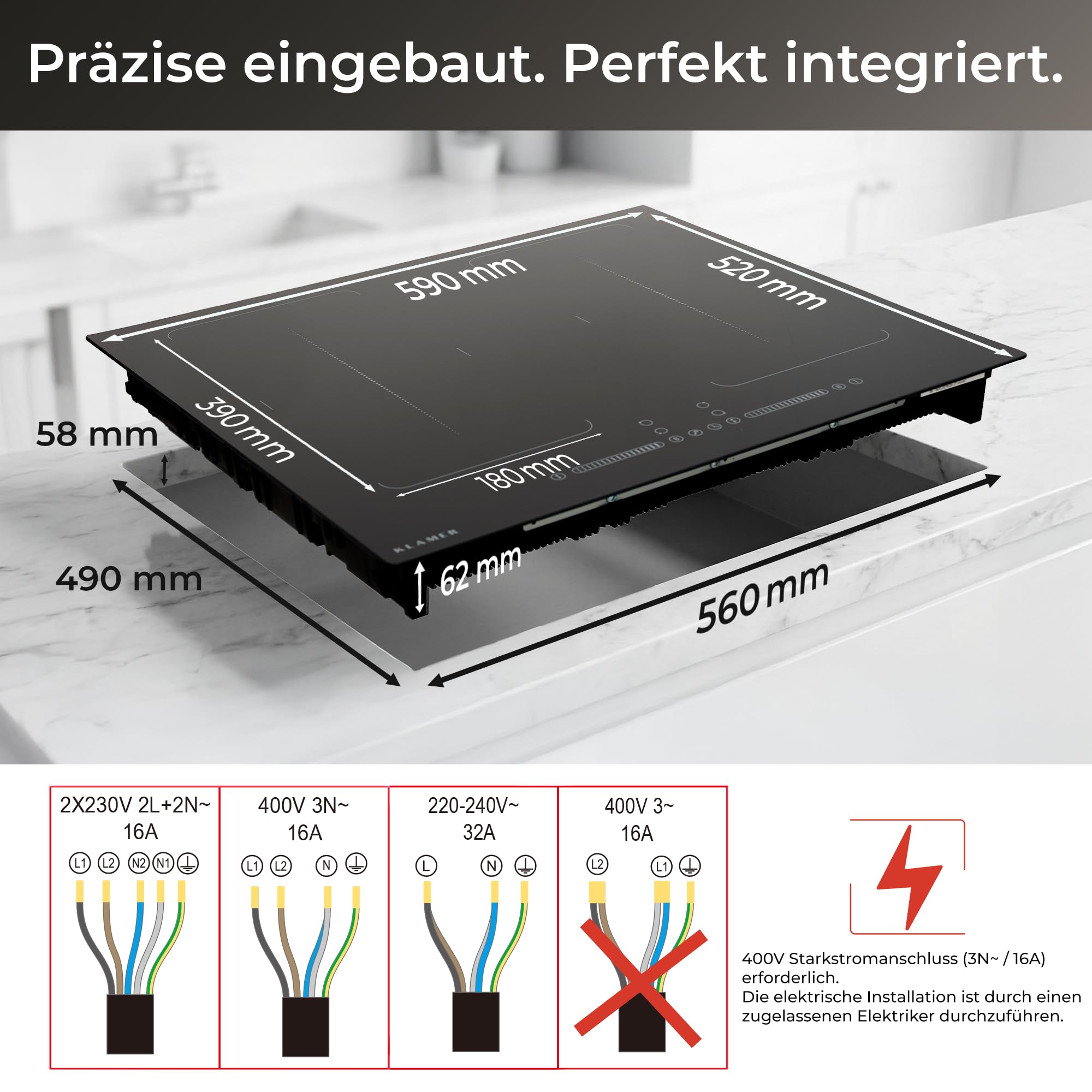 KLAMER Induktionskochfeld 60 cm, 4 Zonen mit 2 Flexzonen, 7400 Watt, Boost Funktion, 9 Leistungsstufen, Timer 99 min, Kindersicherung, Kratzfeste Glasoberfläche - 5
