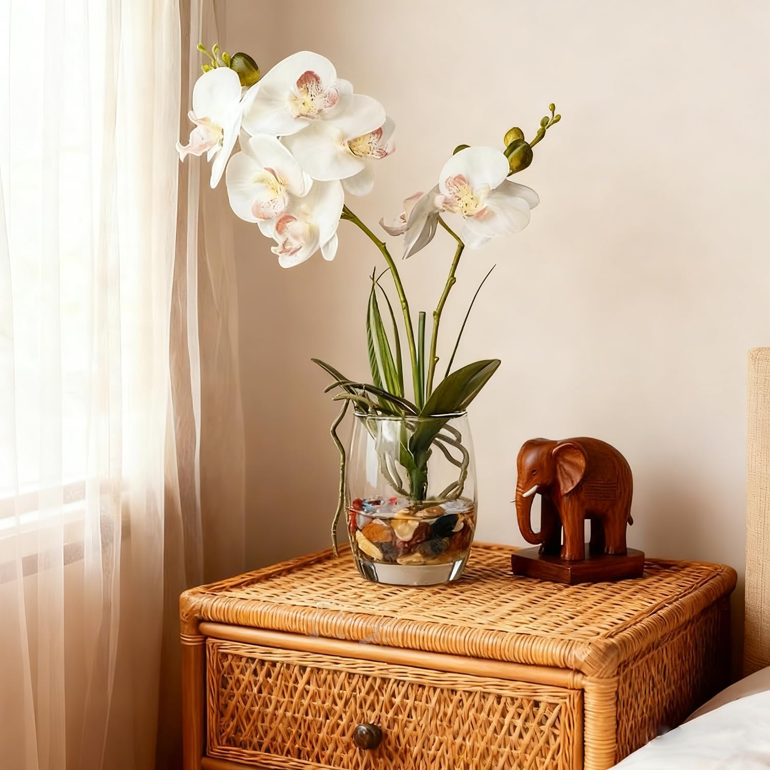 Jusdreen White Orchid Centerpiece in Glass Vase, 14.5 Inch Artificial Phalaenopsis with Potting for Home Office Decor, Table Centerpiece - Image 5