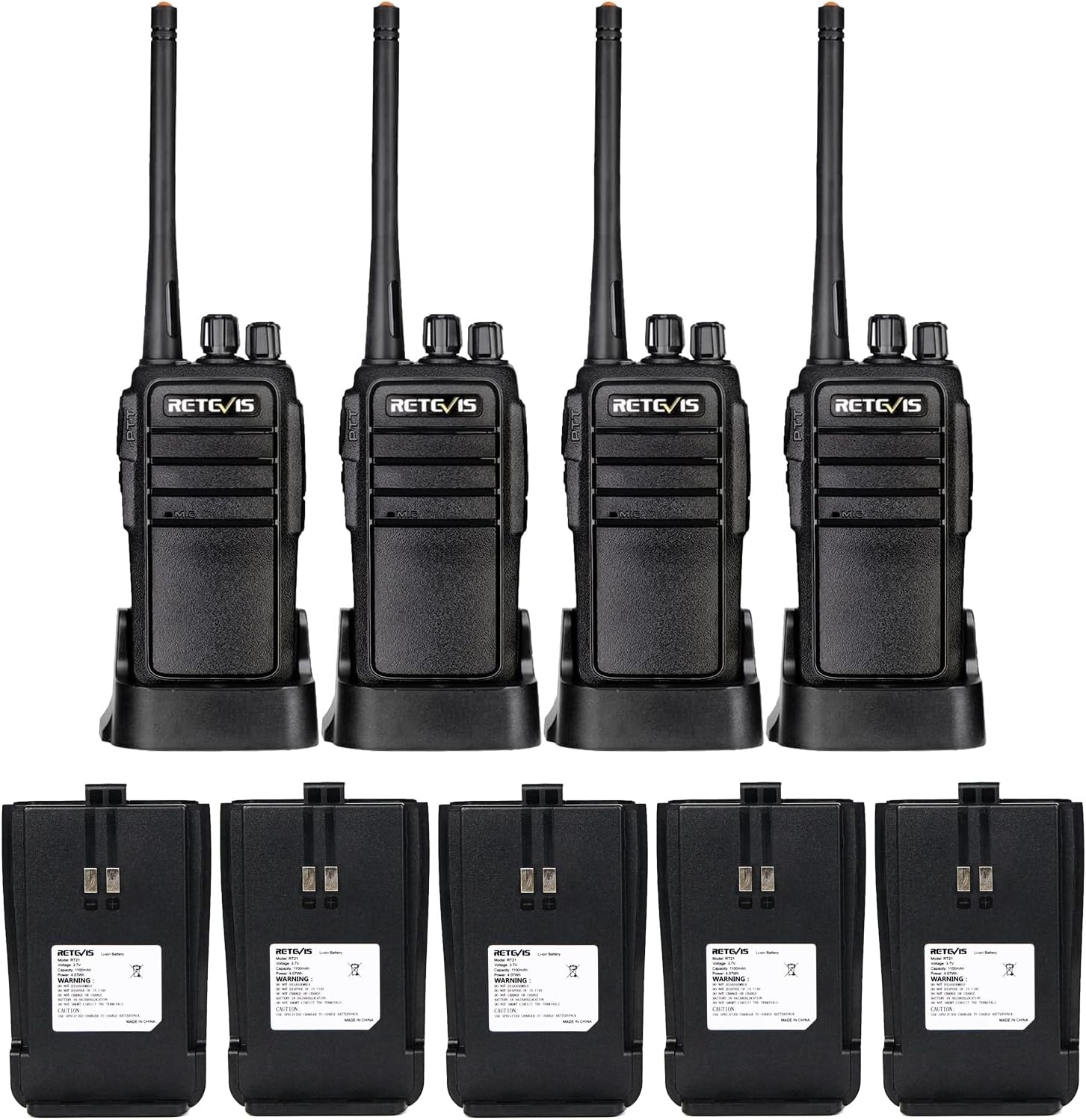Retevis RT21 Walkie Talkies (4Pack) Bundle with Battery (5Pack),2 Way Radio Long Range, Two Way Radio Rechargeable, Handheld Radio, Portable, FRS, Durable, Heavy Duty, for Business