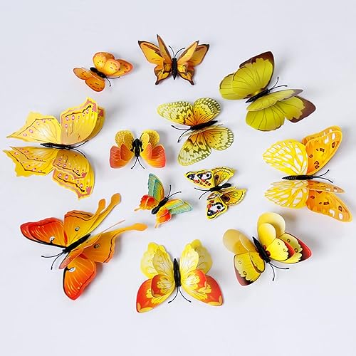 Miniatura 2 de Decoración de pared de mariposa 3D, 12 piezas de doble ala, decoración de mariposa amarilla para decoración de habitación de niños, decoración de