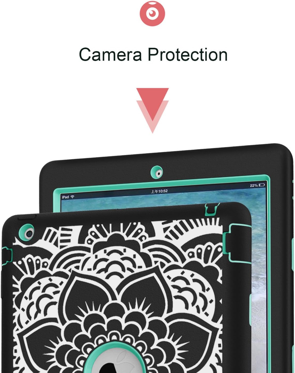 Hocase iPad 2/3/4 Case, Shockproof Heavy Duty Protection Silicone Rubber+Hard Plastic Hybrid Dual Layer Slim Protective Case for iPad 2nd/3rd/4th Generation (9.7-inch) - Black Mandala Flowers