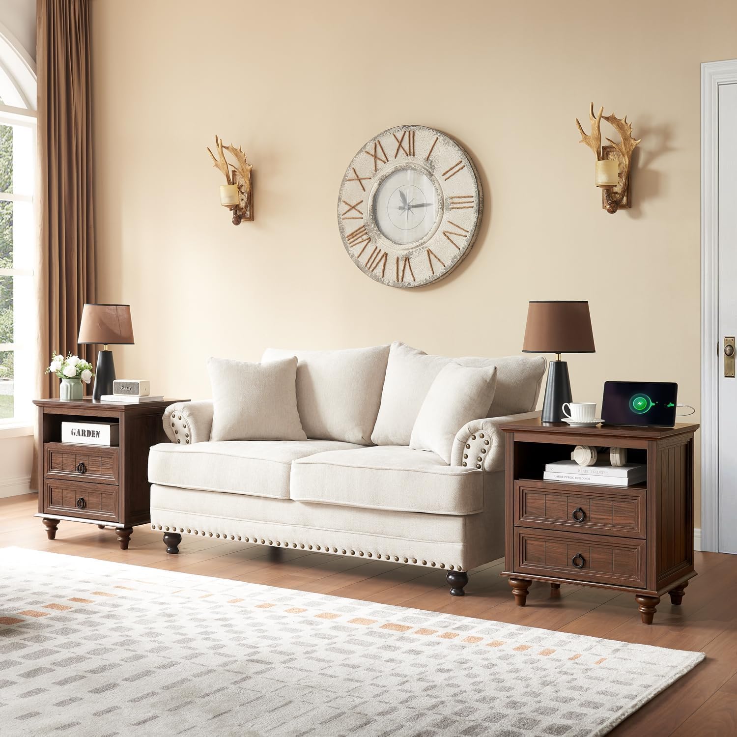 Farmhouse Nightstand with Charging Station, 22" Large End Table with 2 Drawers & Open Shelf, Rustic Wood Square Sofa Side Bedside Table w/4 Solid Wood Feet for Living Room, Bedroom,Walnut