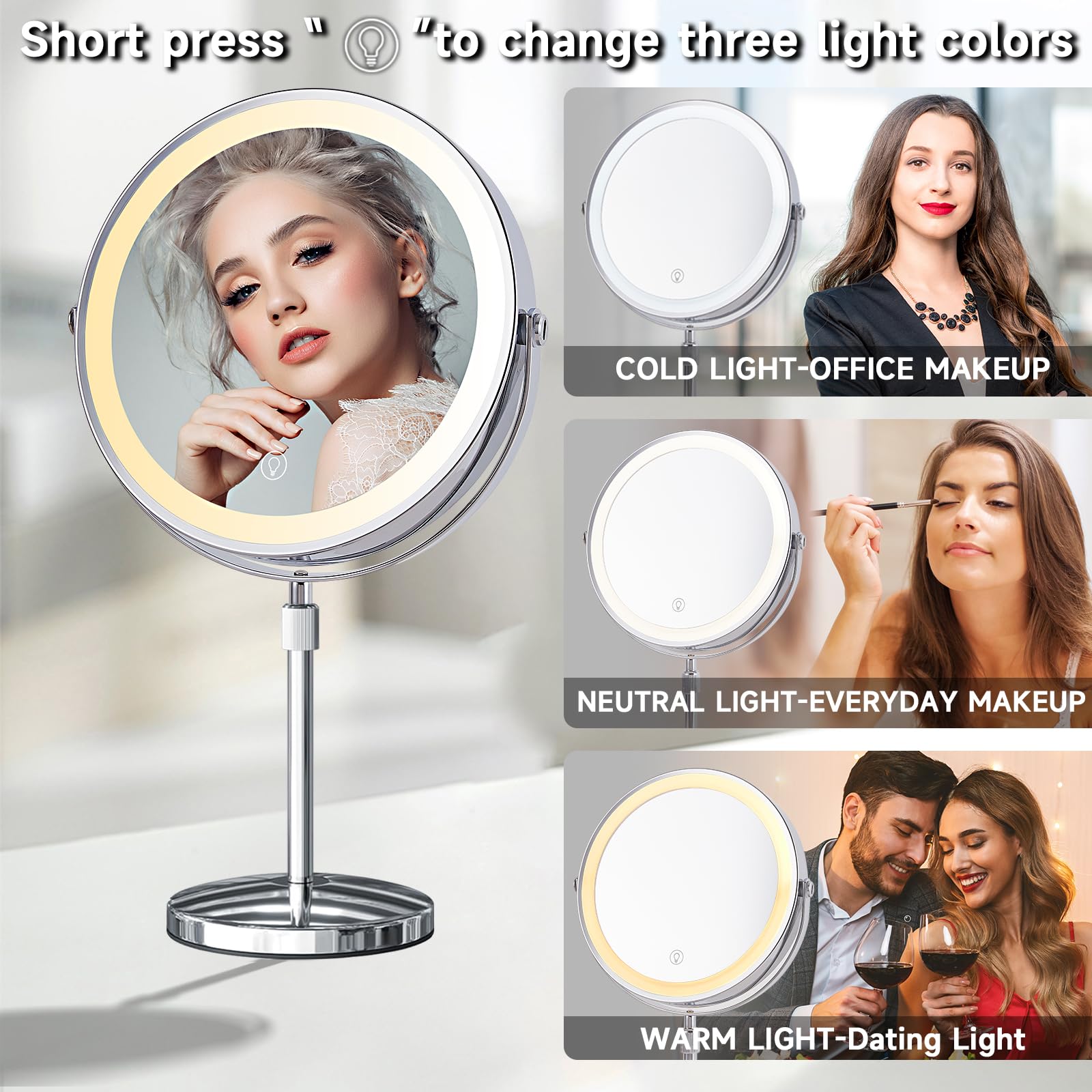 Espejo de maquillaje iluminado de 9 pulgadas, espejo de tocador con luces, 3000 mAh recargable de altura ajustable, espejo de aumento de 1x/10x con 3 colores, brillo ajustable, rotación de 360°